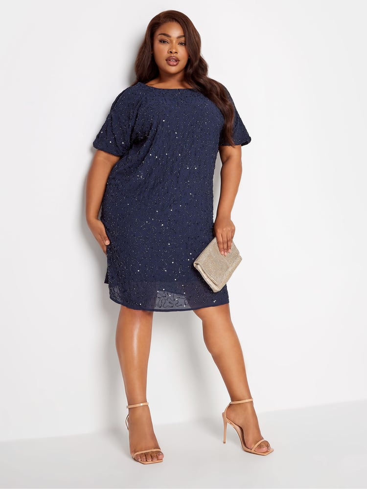 Yours Curve Blue Luxe Embellished Cape Dress - Image 1 of 4
