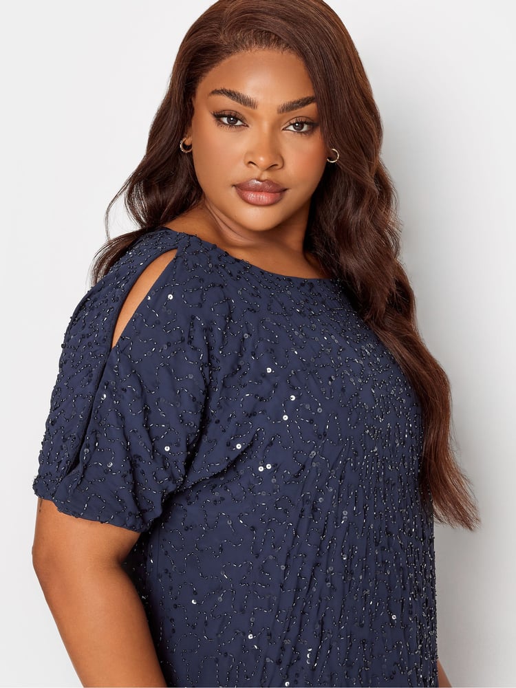 Yours Curve Blue Luxe Embellished Cape Dress - Image 4 of 4