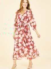 Yumi Red Multi Blossom Wrap Midi Dress With 3/4 Sleeves - Image 1 of 5