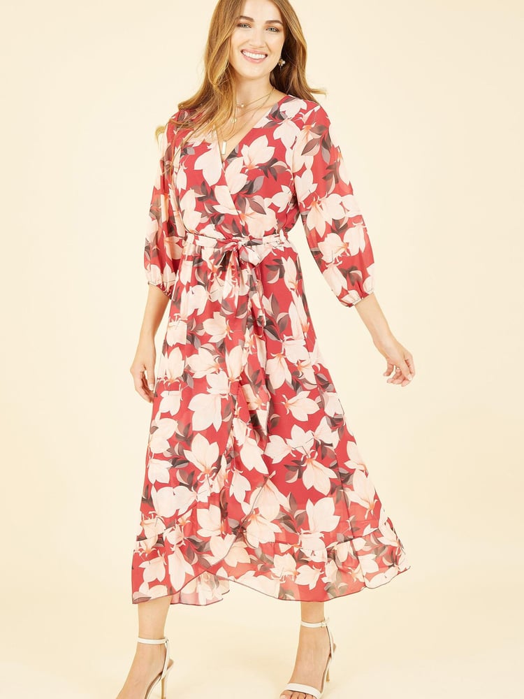 Yumi Red Multi Blossom Wrap Midi Dress With 3/4 Sleeves - Image 1 of 5
