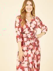 Yumi Red Multi Blossom Wrap Midi Dress With 3/4 Sleeves - Image 2 of 5
