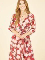 Yumi Red Multi Blossom Wrap Midi Dress With 3/4 Sleeves - Image 3 of 5