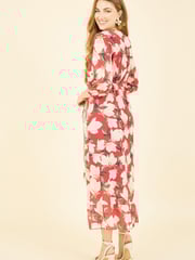 Yumi Red Multi Blossom Wrap Midi Dress With 3/4 Sleeves - Image 4 of 5