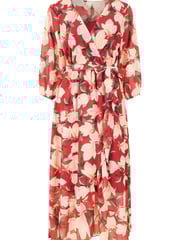 Yumi Red Multi Blossom Wrap Midi Dress With 3/4 Sleeves - Image 5 of 5