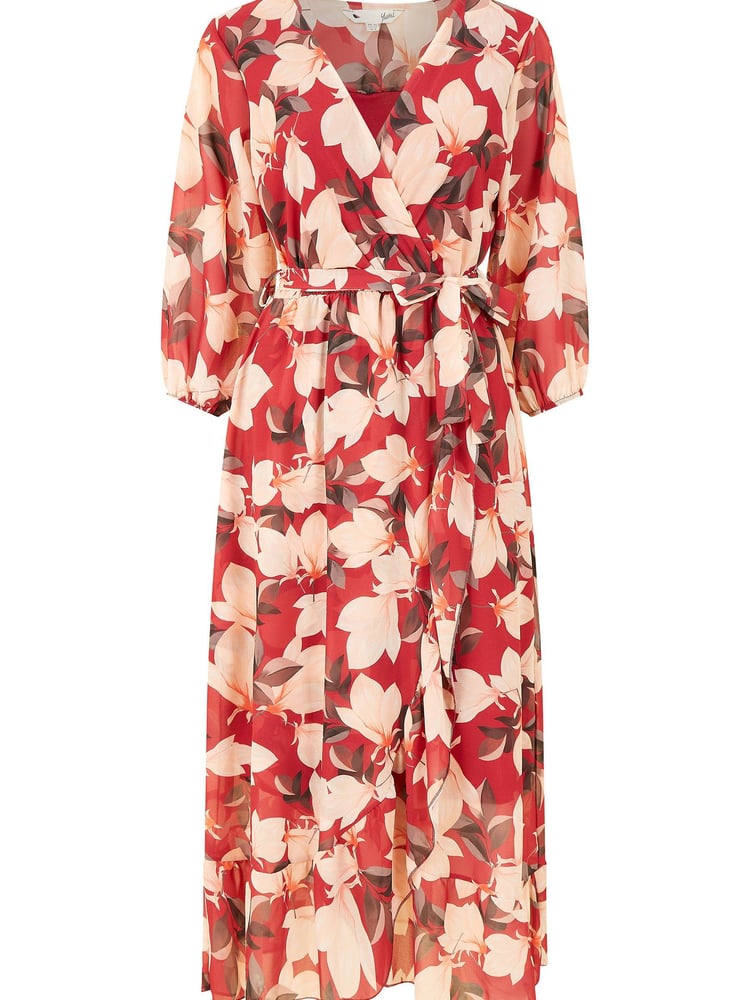Yumi Red Multi Blossom Wrap Midi Dress With 3/4 Sleeves - Image 5 of 5