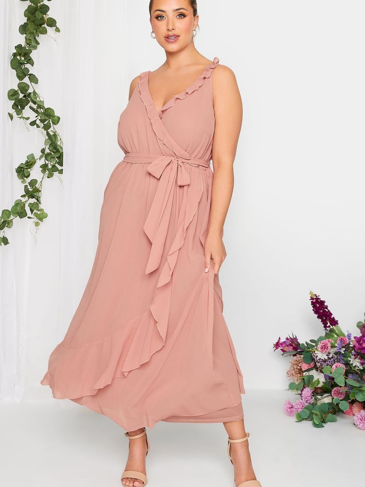 Yours Curve Pink London Occasion Ruffle Wrap Maxi Dress - Image 1 of 4