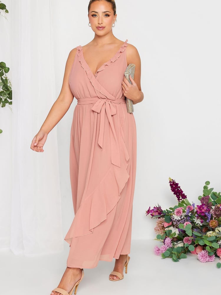 Yours Curve Pink London Occasion Ruffle Wrap Maxi Dress - Image 2 of 4