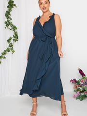 Yours Curve Blue London Occasion Ruffle Wrap Maxi Dress - Image 1 of 4