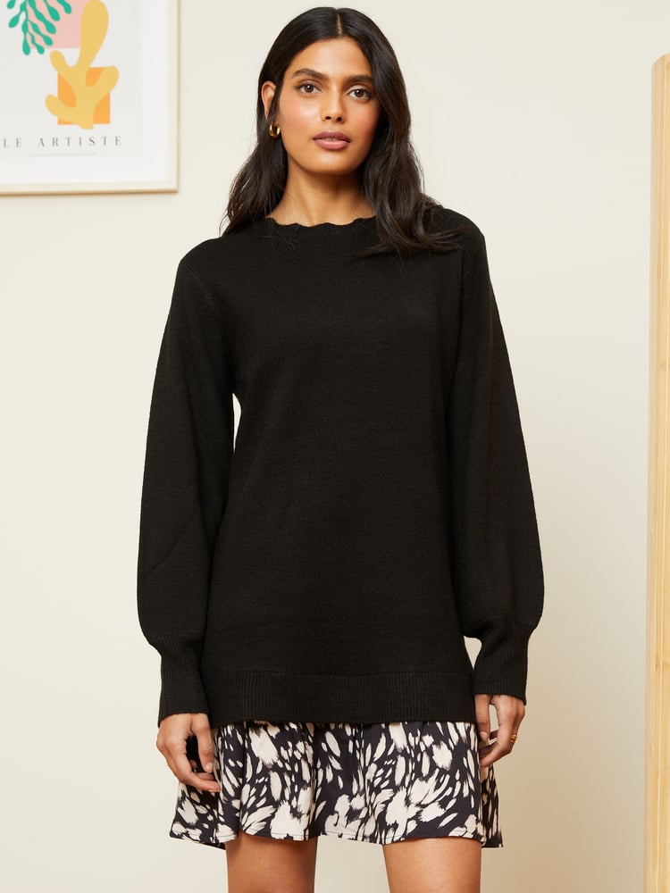 Love & Roses Black Woven Hem Long Sleeve Knitted Jumper Dress - Image 1 of 4