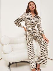 Lipsy Black Petite Belted Shirt Style Long Sleeve Summer Wide Leg Jumpsuit - Image 3 of 4
