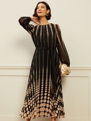 Love & Roses Mono Spot Petite Printed Belted Pleated Long Sleeve Midi Dress - Image 1 of 1