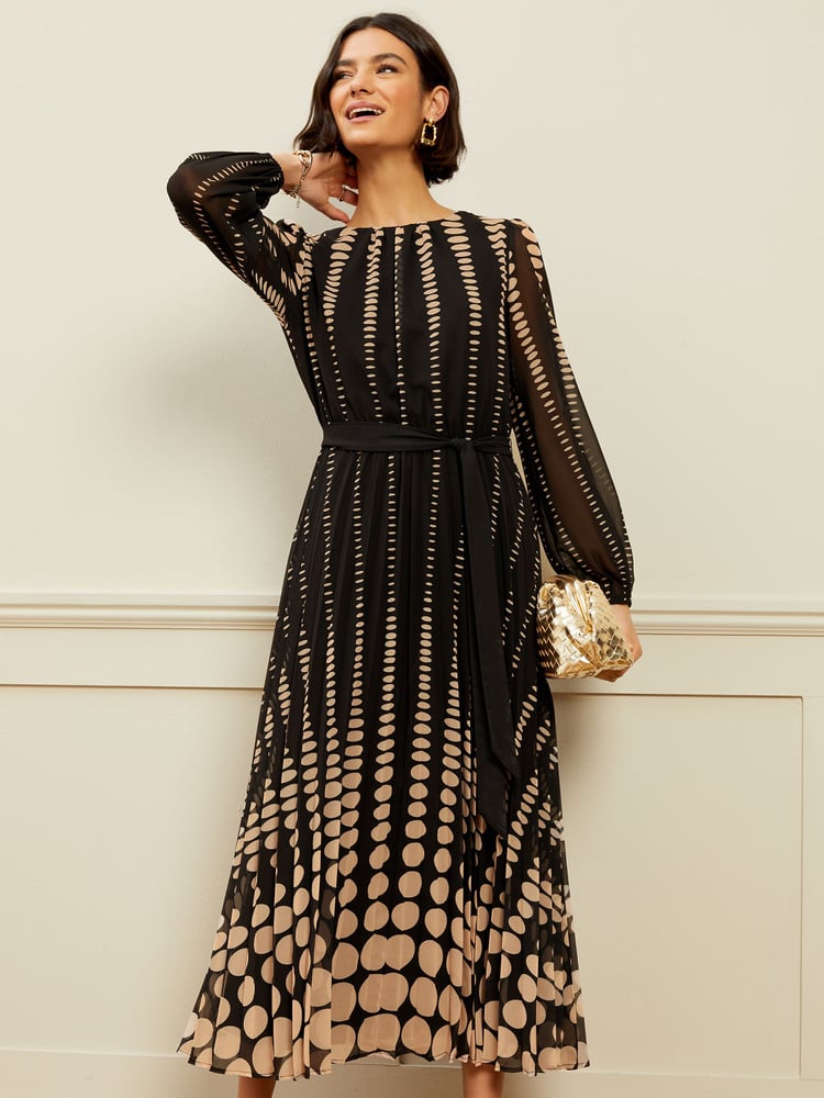 Love & Roses Mono Spot Petite Printed Belted Pleated Long Sleeve Midi Dress - Image 1 of 1