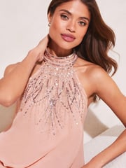 Lipsy Nude Halter Hand Embellished Sequin Tiered Mini Swing Dress - Image 4 of 4