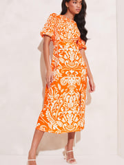 Lipsy Orange Printed Puff Sleeve Round Neck Split Midi Dress - Image 1 of 4