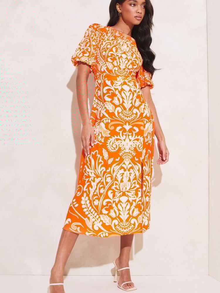 Lipsy Orange Printed Puff Sleeve Round Neck Split Midi Dress - Image 1 of 4