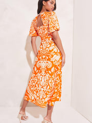 Lipsy Orange Printed Puff Sleeve Round Neck Split Midi Dress - Image 2 of 4