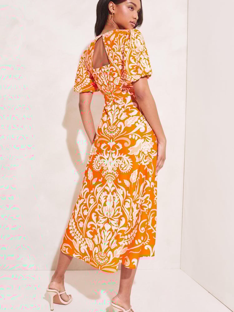 Lipsy Orange Printed Puff Sleeve Round Neck Split Midi Dress - Image 2 of 4