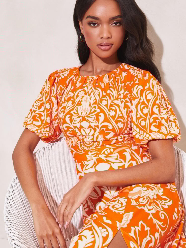 Lipsy Orange Printed Puff Sleeve Round Neck Split Midi Dress - Image 4 of 4