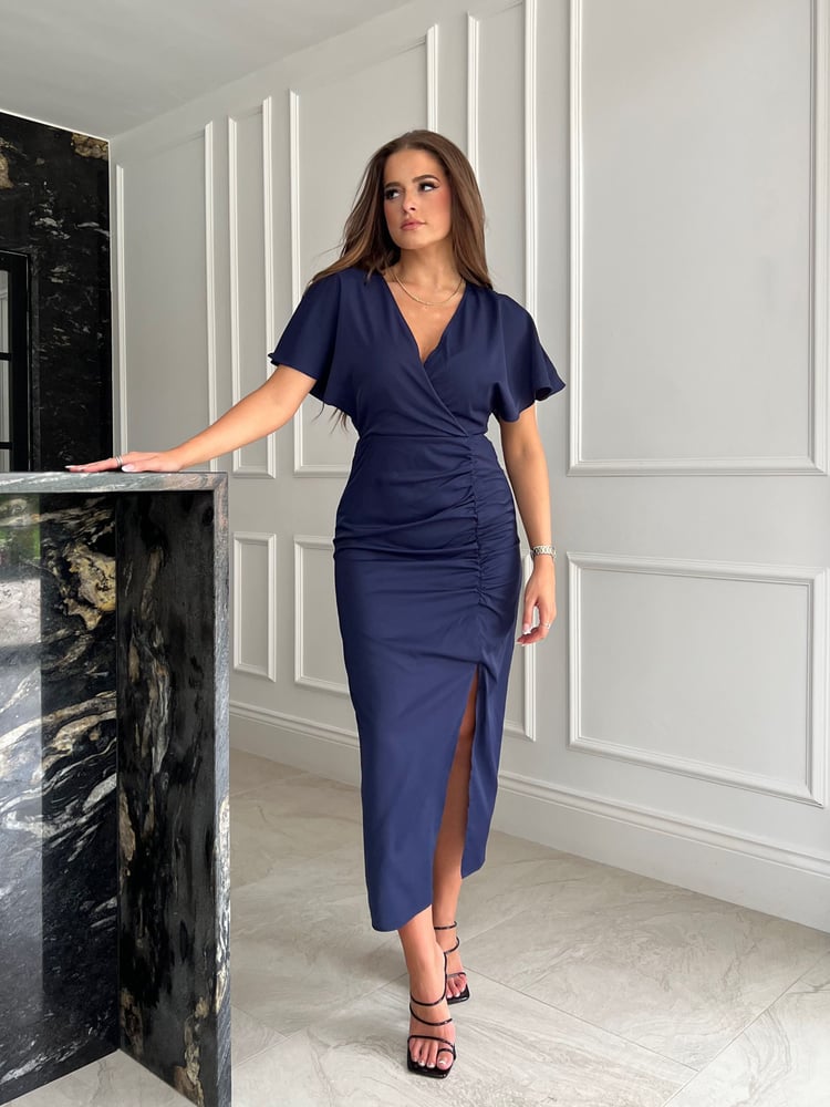 Girl In Mind Navy Blue Priscilla Wrap Over Ruched Detail Midi Dress - Image 1 of 4