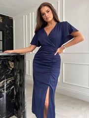 Girl In Mind Navy Blue Petite Priscilla Wrap Over Ruched Detail Midi Dress - Image 2 of 4