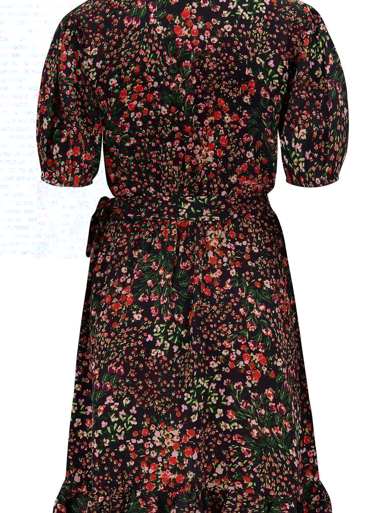 Pour Moi Black Ditsy Kelly Woven Viscose Short Sleeve Frill Wrap Dress - Image 5 of 5