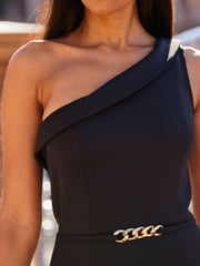 Sosandar Black One Shoulder Bleted Ocassion Midi Dress - Image 3 of 5