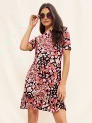Friends Like These Pink Floral Print Short Sleeve Ruffle Hem Jersey Mini Dress - Image 1 of 4
