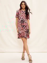 Friends Like These Pink Floral Print Short Sleeve Ruffle Hem Jersey Mini Dress - Image 2 of 4