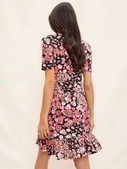 Friends Like These Pink Floral Print Short Sleeve Ruffle Hem Jersey Mini Dress - Image 4 of 4