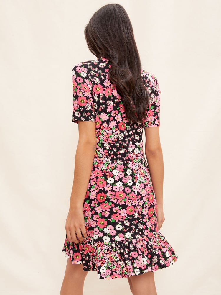 Friends Like These Pink Floral Print Short Sleeve Ruffle Hem Jersey Mini Dress - Image 4 of 4