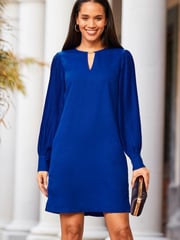 Sosandar Blue Pleated Sleeve Keyhole Shift Dress - Image 1 of 5
