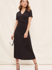 Friends Like These Black Collared Short Sleeve Buttoned Jersey Belted Shirt Dress - Image 1 of 4