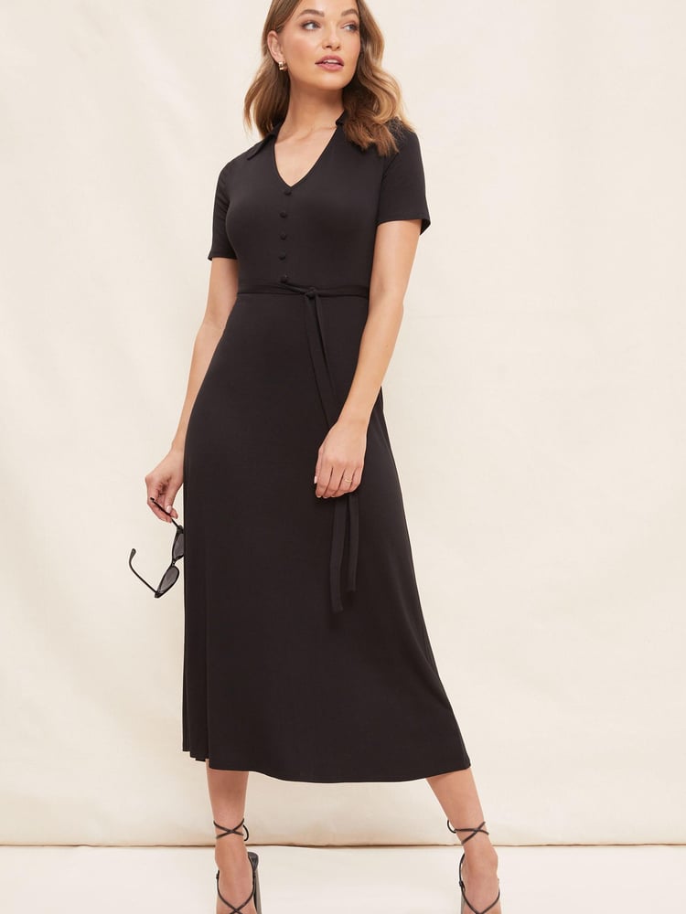 Friends Like These Black Collared Short Sleeve Buttoned Jersey Belted Shirt Dress - Image 1 of 4 Friends Like These Black Collared Short Sleeve Buttoned Jersey Belted Shirt Dress - Image 1 of 4