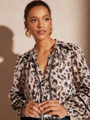 Love & Roses Pink Animal Ruffle Neck Lace Trim Long Sleeve Button Through Blouse - Image 2 of 4