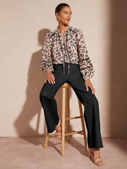 Love & Roses Pink Animal Ruffle Neck Lace Trim Long Sleeve Button Through Blouse - Image 4 of 4