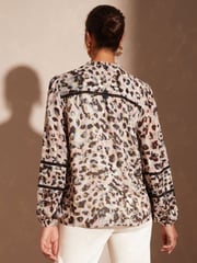 Love & Roses Pink Animal Petite Ruffle Neck Lace Trim Long Sleeve Button Through Blouse - Image 3 of 4
