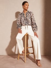 Love & Roses Pink Animal Petite Ruffle Neck Lace Trim Long Sleeve Button Through Blouse - Image 4 of 4