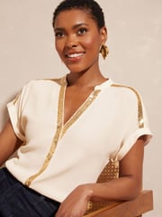 Love & Roses Ivory Sequin V Neck Roll Sleeve Blouse - Image 1 of 4
