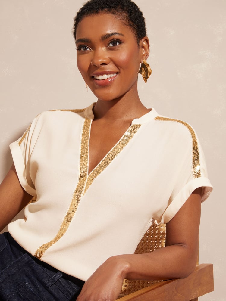 Love & Roses Ivory Sequin V Neck Roll Sleeve Blouse - Image 1 of 4