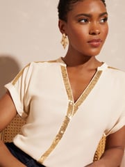 Love & Roses Ivory Sequin V Neck Roll Sleeve Blouse - Image 2 of 4