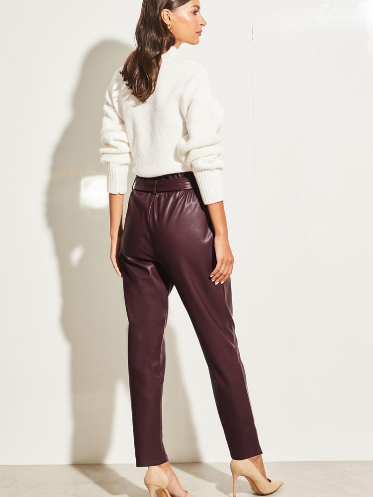 Lipsy Berry Red Faux Leather Military Button Paperbag Trousers - Image 2 of 4