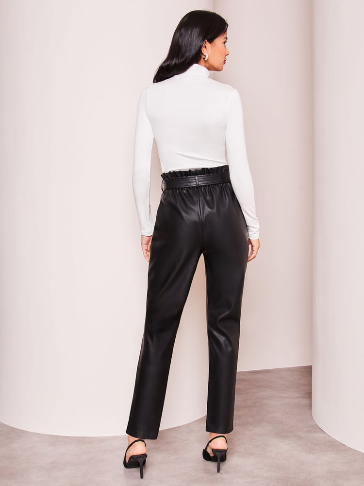 Lipsy Black Petite Faux Leather Military Button Paperbag Trousers - Image 2 of 4