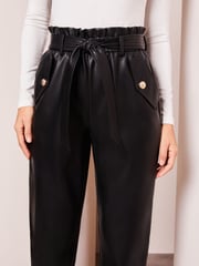 Lipsy Black Petite Faux Leather Military Button Paperbag Trousers - Image 4 of 4