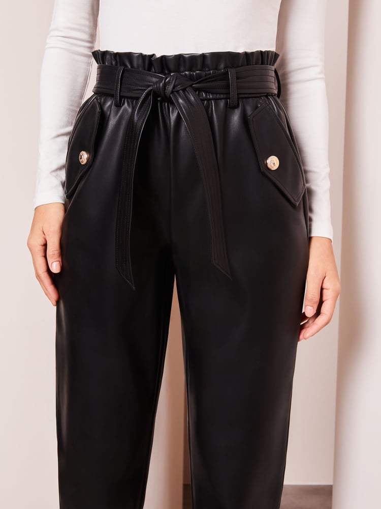 Lipsy Black Petite Faux Leather Military Button Paperbag Trousers - Image 4 of 4