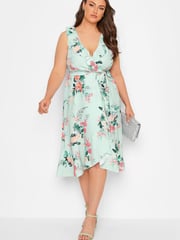 Yours Curve Green London Floral Sleeveless Double Ruffle Wrap Dress - Image 1 of 4