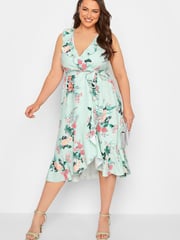 Yours Curve Green London Floral Sleeveless Double Ruffle Wrap Dress - Image 2 of 4