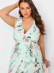 Yours Curve Green London Floral Sleeveless Double Ruffle Wrap Dress - Image 4 of 4