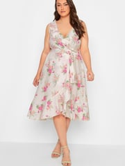 Yours Curve White London Floral Sleeveless Double Ruffle Wrap Dress - Image 1 of 4