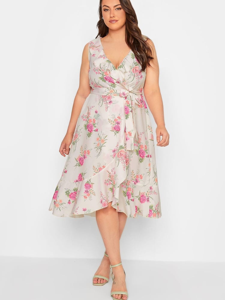 Yours Curve White London Floral Sleeveless Double Ruffle Wrap Dress - Image 1 of 4