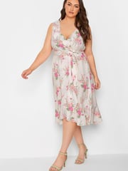 Yours Curve White London Floral Sleeveless Double Ruffle Wrap Dress - Image 2 of 4